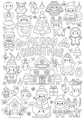 Vector Christmas vertical line coloring page for kids with cute kawaii characters. Black and white winter holiday illustration with Santa Claus, deer, elf, bear, tree. Funny New Year searching poster.