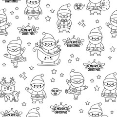 Vector black and white seamless pattern with kawaii Santa Claus. Cute repeat background with Santa, present, sack. Father Frost line digital paper. Christmas, winter, New Year holiday coloring page.