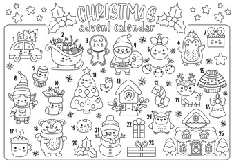Vector black and white Christmas advent countdown calendar with traditional holiday symbols. Cute line kawaii winter planner for kids. Festive New Year coloring page with Santa Claus, tree, deer.