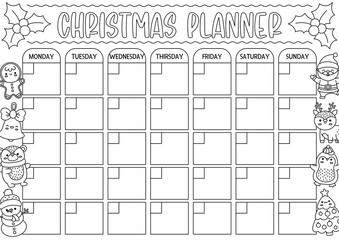 Vector black and white Christmas monthly planner with traditional holiday symbols. Cute winter line calendar, timetable for kids. New Year coloring page with cute kawaii Santa Claus, snowman.