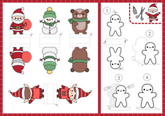 Vector Christmas paper dolls set. Cute finger puppets or chips with Santa Claus, snowman, elf, bear in scarf for kids. Winter holiday cut out craft cards. Simple New Year printable game