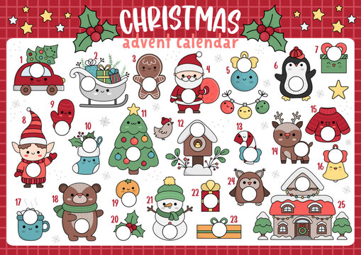 Vector Christmas advent countdown calendar with traditional holiday symbols. Cute kawaii winter planner for kids. Festive New Year poster design with Santa Claus, fir tree, deer, present.