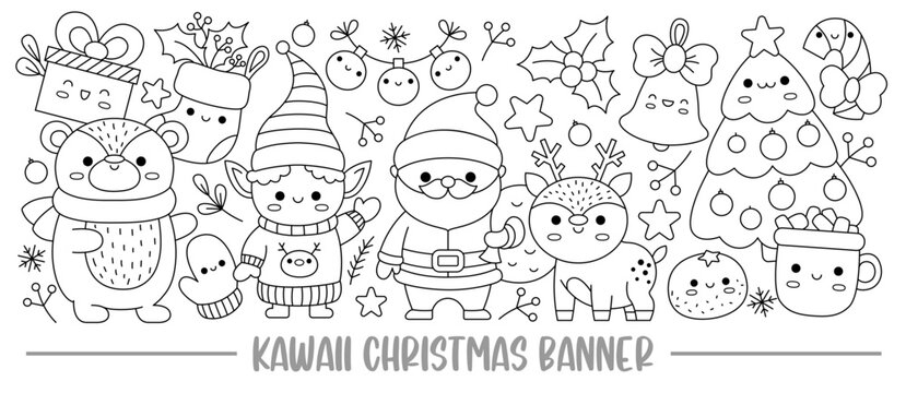 Christmas black and white horizontal banner with kawaii characters for kids. Vector Santa Claus standing with deer, elf, tree. Cute New Year line illustration. Funny winter holiday coloring page.
