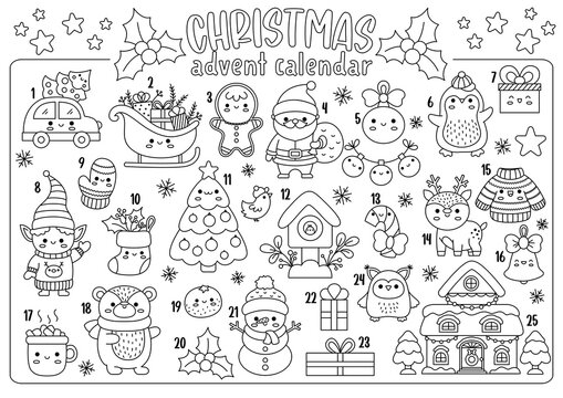 Vector black and white Christmas advent countdown calendar with traditional holiday symbols. Cute line kawaii winter planner for kids. Festive New Year coloring page with Santa Claus, tree, deer.
