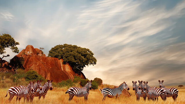 Zebras in the African savanna. Serengeti National Park. Tanzania. Africa.