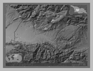 Imereti, Georgia. Grayscale. Labelled points of cities