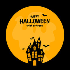 Happy halloween yellow background with house and bats.