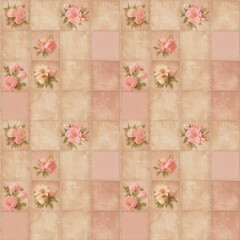 Vintage Floral Check Seamless Pattern Background with Shabby Cottage Chic Flower Bouquets Repeating Design with Checkerboard