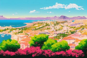 anime style, Panorama of Alicante old town Costa Blanca sunny resort Spain travel illustration Alicante city is the capital of the Alicante province , Anime style no watermark