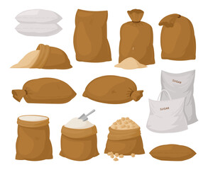 Cartoon sugarcane product bag, sugar sackcloth bags. Agriculture sweet sugar package flat vector illustration collection. Sugarcane production bags