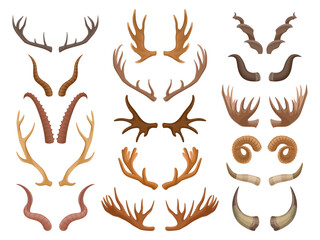 Cartoon animal horns, goat, reindeer, antelope and moose horn. Wild mammals antlers, hunting trophy flat vector symbols set. Animal horns collection