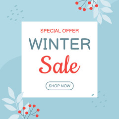 Winter sale banner template in blue colors with twigs. Template for social media, banner, poster, flyer