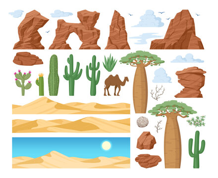 Cartoon desert dunes, rocks, baobab, cactus and c. Mojave desert sand rocks and succulent plants, western desert flat vector symbols set. Natural canyon landscape elements