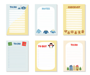 Set of cards for To Do, To Buy Lists and Checklist. Template with cute winter elements