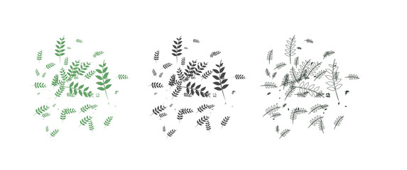 Splattered spring leaves in three different styles design assets, leaves splatter, leaves silhouette, leaves element. Perfect for design asset, design element, decoration, custom brush.