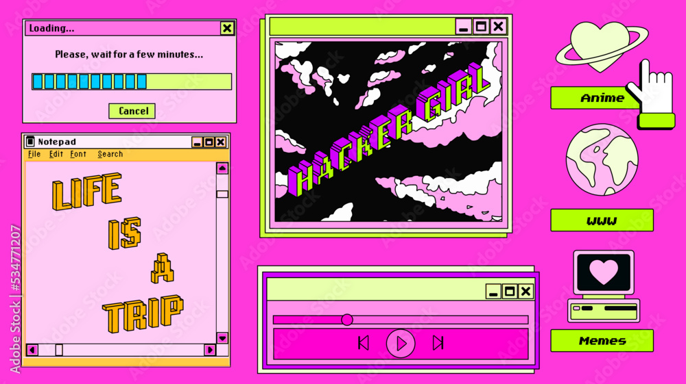 Aufkleber collage of retro user interface and icons in pastel pink colors. vaporwave style illustration for th