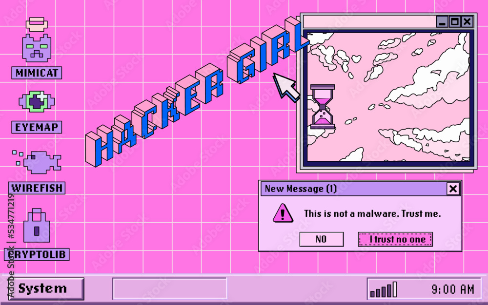 Poster Collage of retro user interface and icons in pastel pink colors. Vaporwave style illustration for the programming and DevOps subjects.