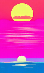 Flat illustration of magic sunset, sea horizont. Bright pink synthwave colors in 80-s style. Retro concept landscape. Design backdrop background for creative creation. Poster, print, canvas. Wall art