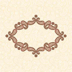 Floral paisley frame and paisley seamless background. Abstract Floral design elements. Hand drawn doodle Paisley border. Vintage frame. Floral label banner. Laurel Wreath of paisley pattern