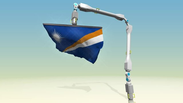 Animated video of a robot arm unfolding a folded marshall islands flag