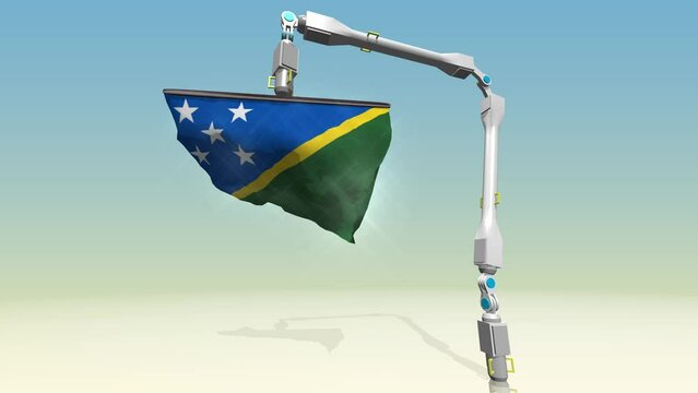 Animated video of a robot arm unfolding a folded solomon islands flag