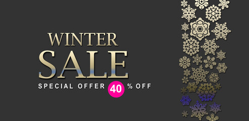 on a gray background, an inscription with a metal effect "winter sale", snowflakes and smaller letters "special offer" and a place to indicate the amount of the discount
