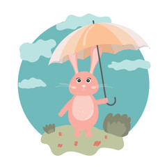 Cute bunny with an umbrella in nature. Vector illustration