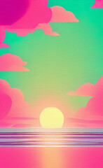 Fototapeta na wymiar Flat illustration of magic sunset, sea horizont. Bright pink synthwave colors in 80-s style. Retro concept landscape. Design backdrop background for creative creation. Poster, print, canvas. Wall art