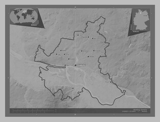 Hamburg, Germany. Grayscale. Labelled points of cities
