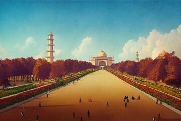 Cartoon drawing New Delhi India February View of Rajpath ceremonial boulevard from the Secretariat Building towards the India Gate , Anime style no watermark