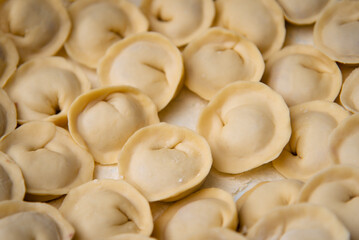 Traditional cuisine. Meat dumplings. Top view. Home made.