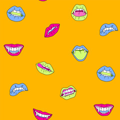 A pattern of multicolored lips with fangs and different expressions