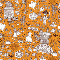 Happy Halloween. Vector Seamless pattern of Hand Drawn Doodle Cute Children in Halloween Costumes and various halloween night holiday design elements