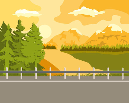 An illustration of an asphalt road in a picturesque area against the background of snowy mountains and alpine meadows. 