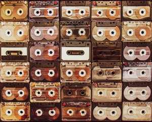 Fototapeta premium audio cassette background, collection of audio cassettes, retro music background