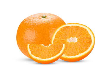 Whole of fresh orange fruit with slices isolated on white background.