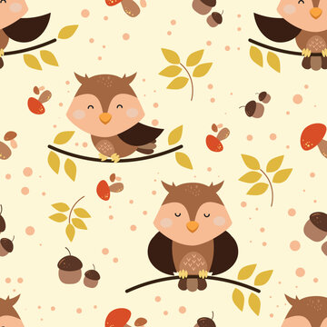 Cute Woodland Animals seamless pattern with owl. Cartoon Animals Background. Cute Cartoon owl. design for wrapping, textile, wallpaper, apparel , fabric, textile and all your creative project