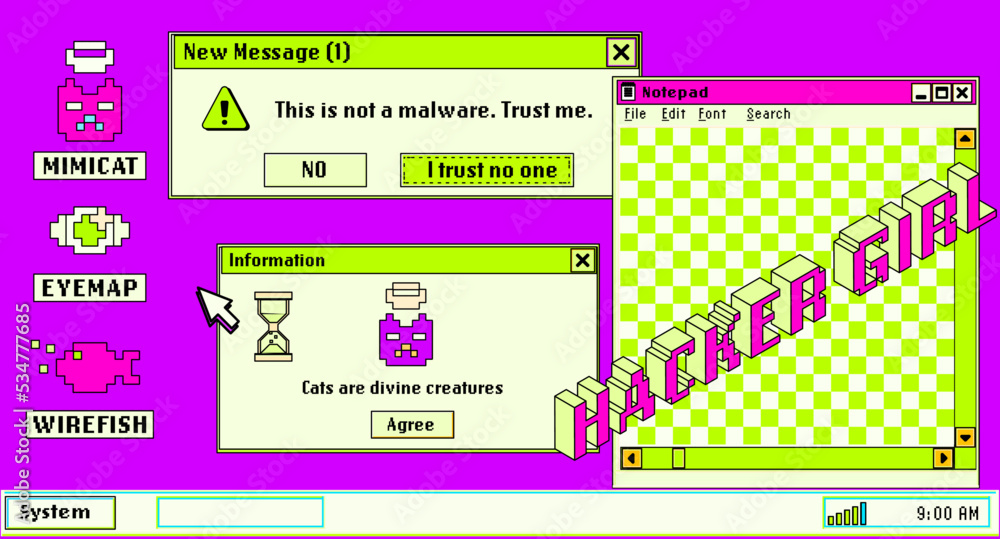 Poster Cute retro vaporwave style collage of user interface elements. Pixelated Y2K window boxes, tabs, buttons.