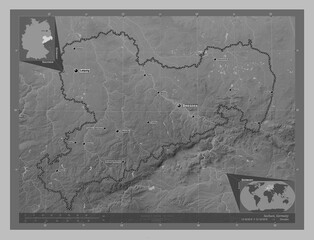 Sachsen, Germany. Grayscale. Labelled points of cities