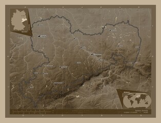 Sachsen, Germany. Sepia. Labelled points of cities