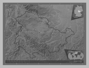 Thuringen, Germany. Grayscale. Labelled points of cities