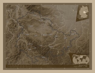 Thuringen, Germany. Sepia. Labelled points of cities