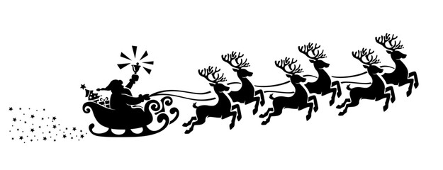Santa Claus silhouette with bell in sleigh with reindeers full of gifts and christmas tree. Merry christmas and Happy new year decoration. Vector on transparent background