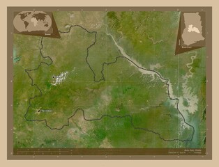 Fototapeta na wymiar Bono East, Ghana. Low-res satellite. Labelled points of cities