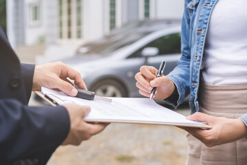 Business car rent, sell or buy service, hand of agent dealer, sale man giving auto key of vehicle...