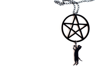 Pentagram necklace with black cat pendant on white