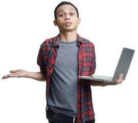 confused asian man with laptop on his hand. isolated on studio background
