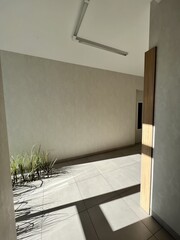 Sunny corridor in an apartment house. Contemporary condmonium interior concept. Minimalistic inside design with natural light and big windows.