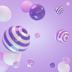 Abstract background with 3d geometric shapes. Dynamic purple wallpaper with 3d spheres balls or particles. Modern elements cover design, trendy banner or poster, New Year and Celebration Concept.