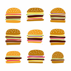 Vector collection of hand-drawn burgers in doodle style. Fast food